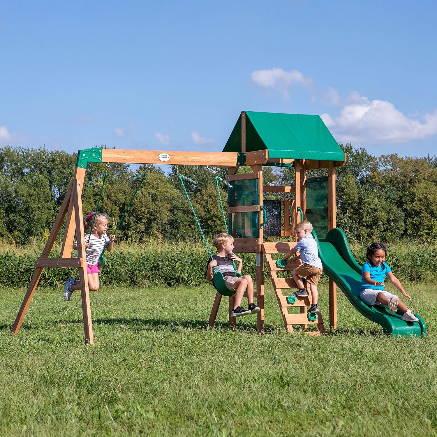 BACKYARD DISCOVERY Buckley Hill Cedar Wood Swing Set with Slide & Deck