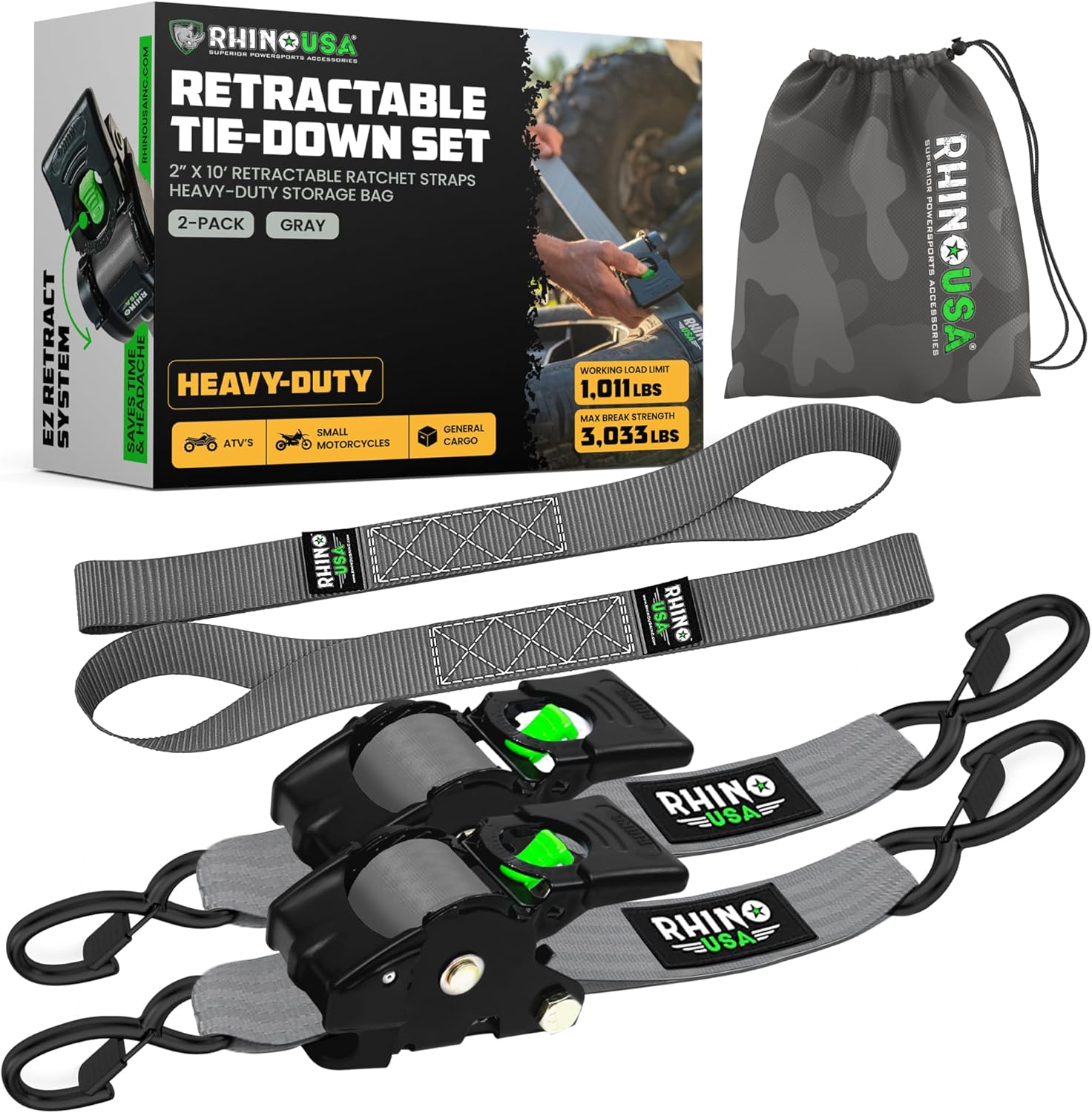 Rhino USA Retractable Ratchet Straps (2-Pack) - 2 Inch x 10 Feet (3,033lb Break Strength) - Heavy Duty Auto Self Retracting Tie Down Straps for Truck, Cargo Trailer, Motorcycle, Rad & More - Orange