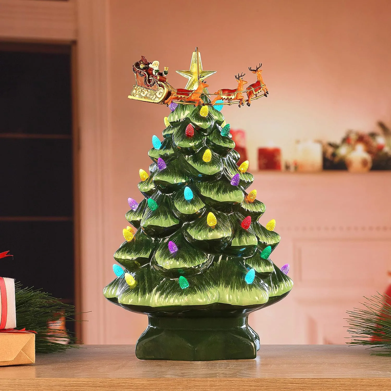 Mr. Christmas Nostalgic Ceramic Christmas Tree with LED, 14 Inches, Santa & Reindeer