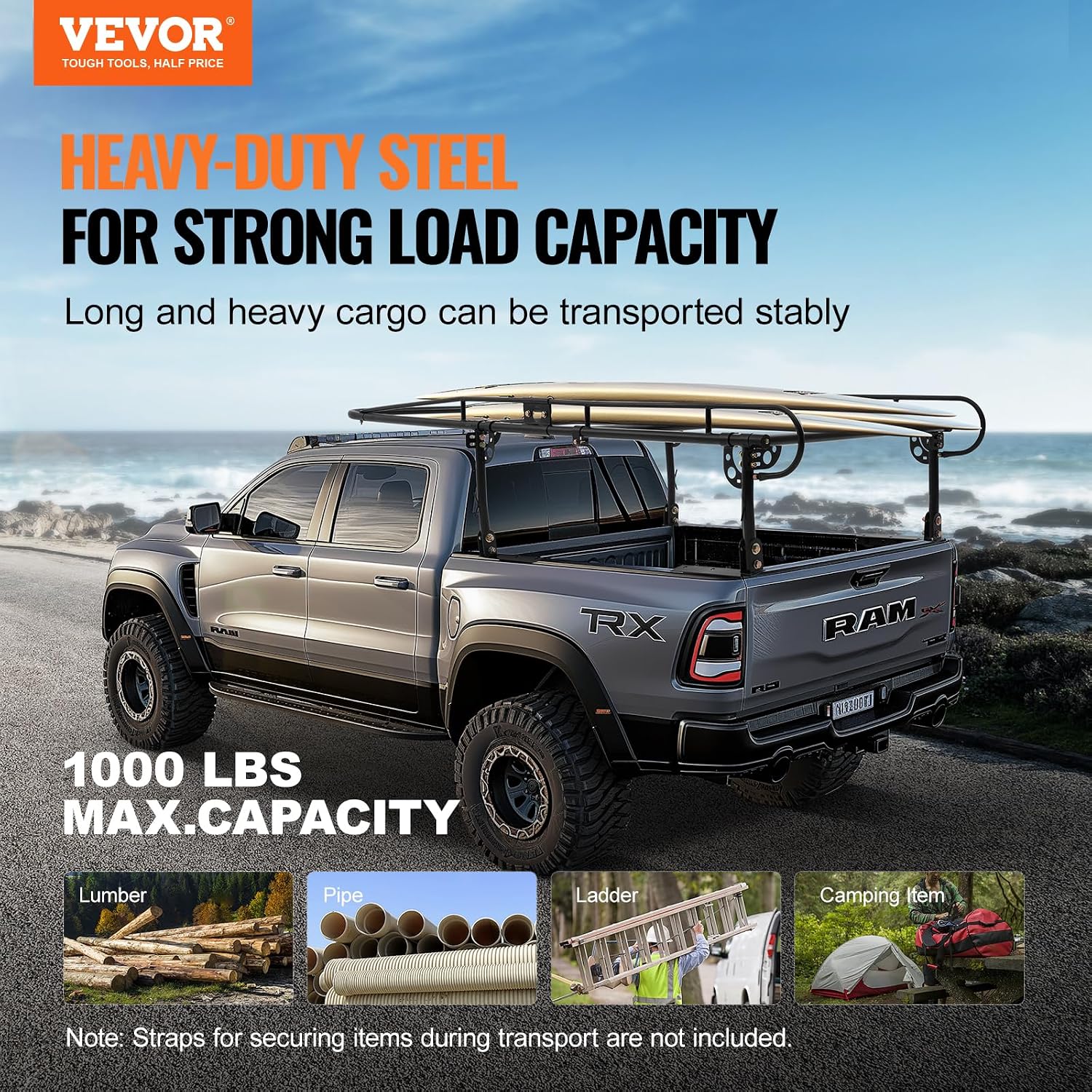 Truck Ladder Rack SC1402 1000 lb Load Capacity Alloy Steel Adjustable Width 43.3-63 inch No Drill Mount