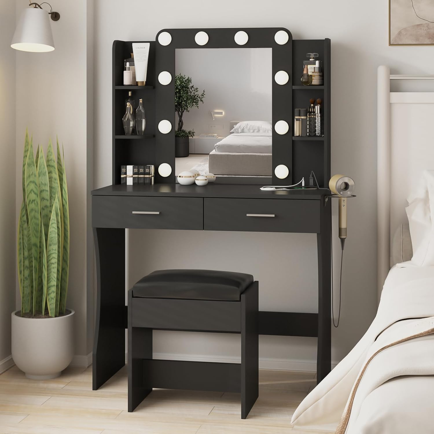 Vanity Desk with Lights,Makeup Vanity with Power Strip,Dressing Table Set with 2 Large Drawers,Vanity Mirror 3 Lighting Color Adjustable