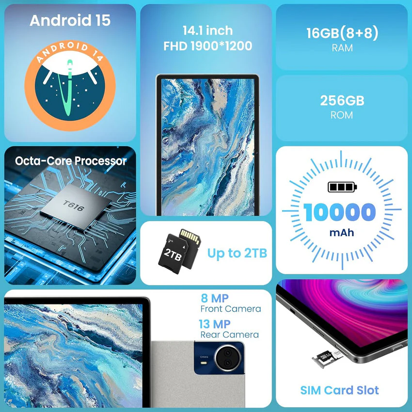 14 Inch Android Tablet 16GB RAM 256GB ROM 4G LTE