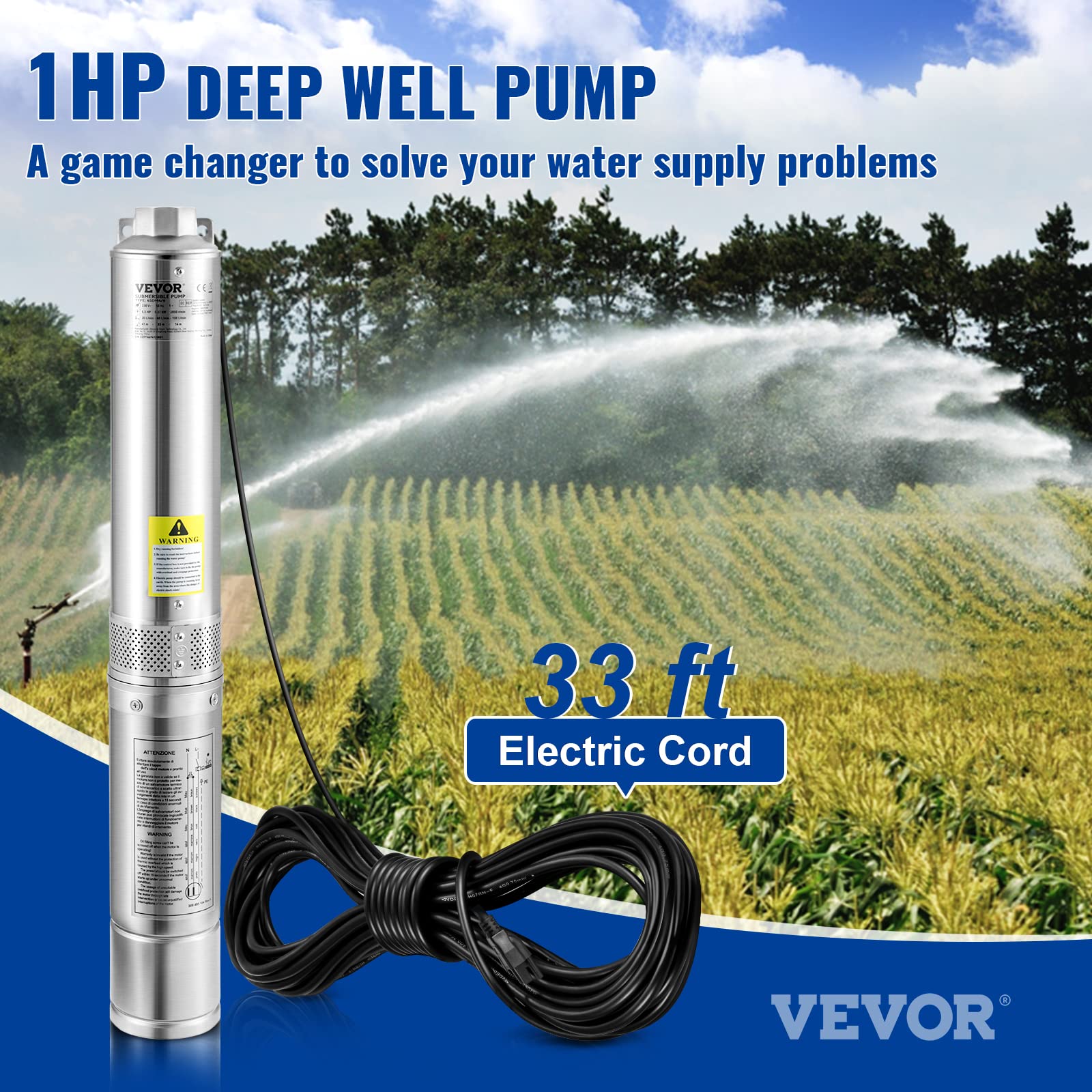 VEVOR Deep Well Submersible Pump 1HP 37GPM 207FT Head