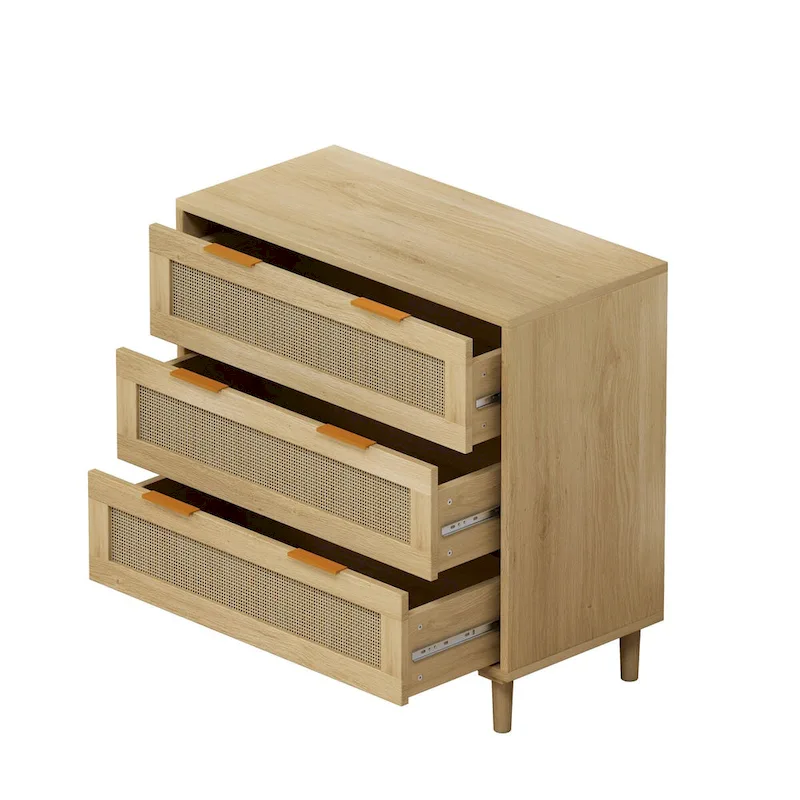 Oak Storage Cabinet with 3 Rattan Drawers - Dimensions: 31.5L x 15.55W x 30.12H