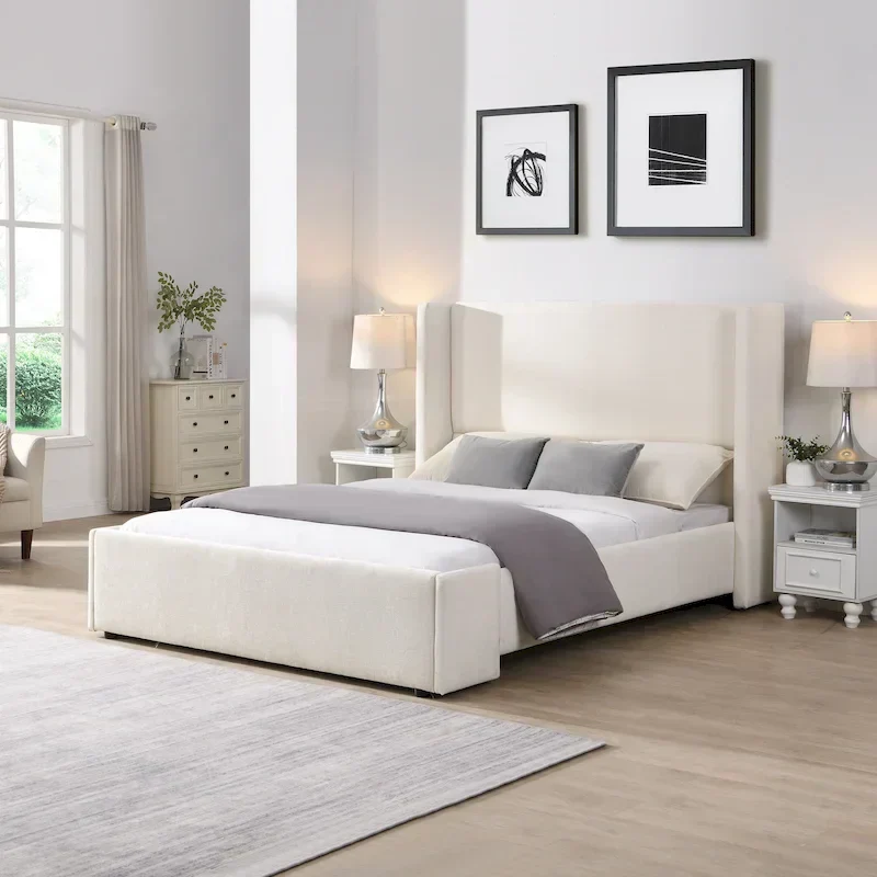 Upholstered Platform Bed with Wingback Headboard and Slat Support