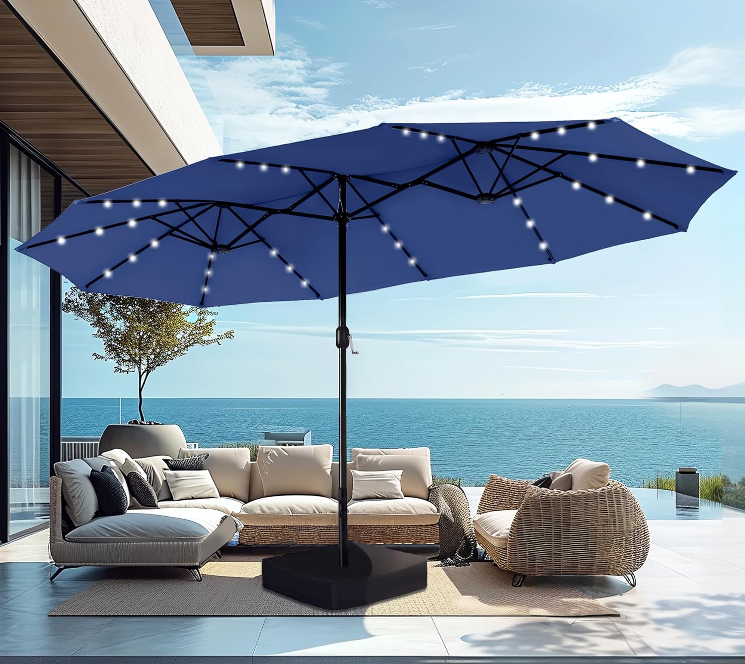 PHI VILLA 15ft Large Patio Umbrella with Solar Lights, Double-Sided Outdoor Market Rectangle Umbrellas with 36 LED Lights, Umbrella Base (Stand) Included