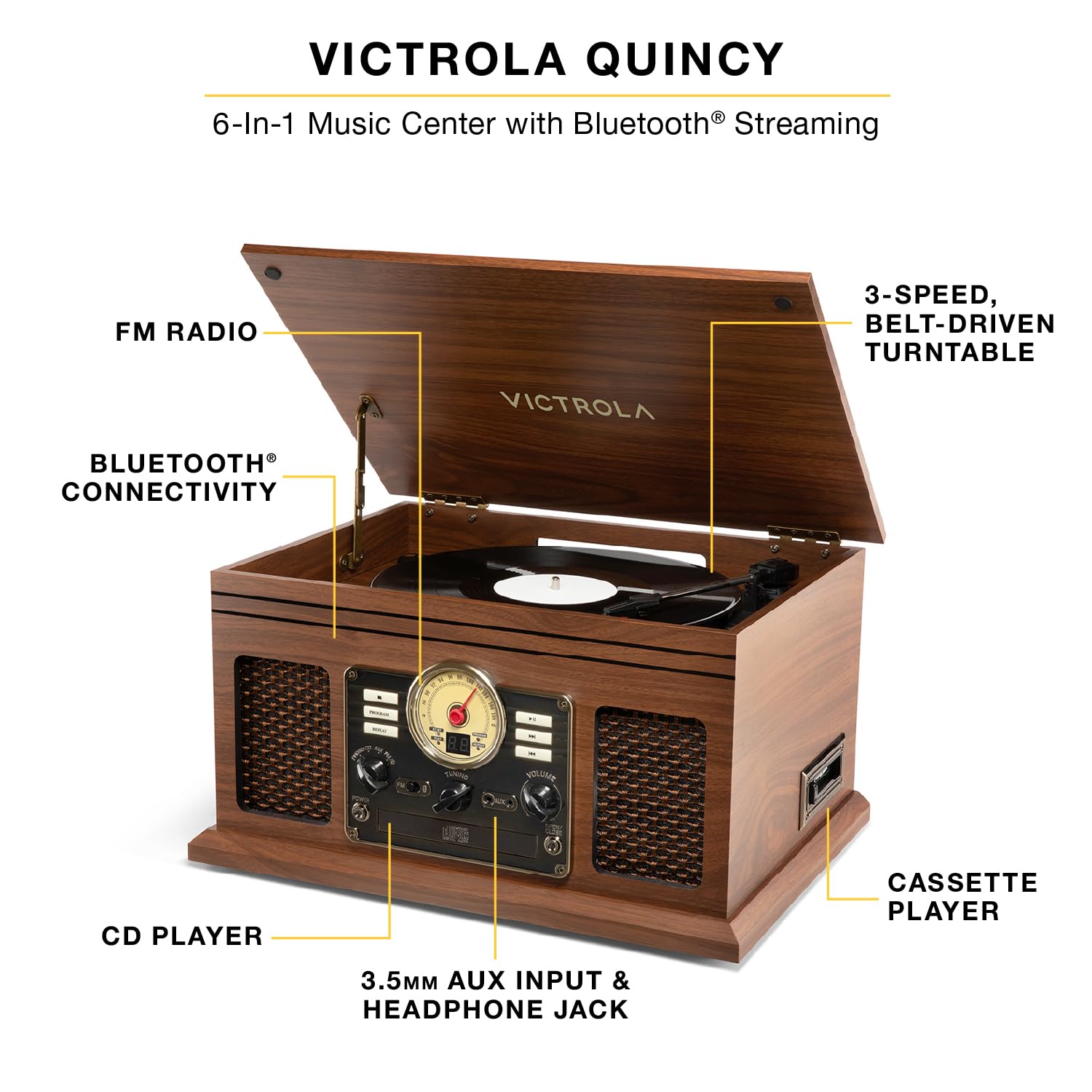 VICTROLA Quincy 6-in-1 Bluetooth Record Player - Walnut