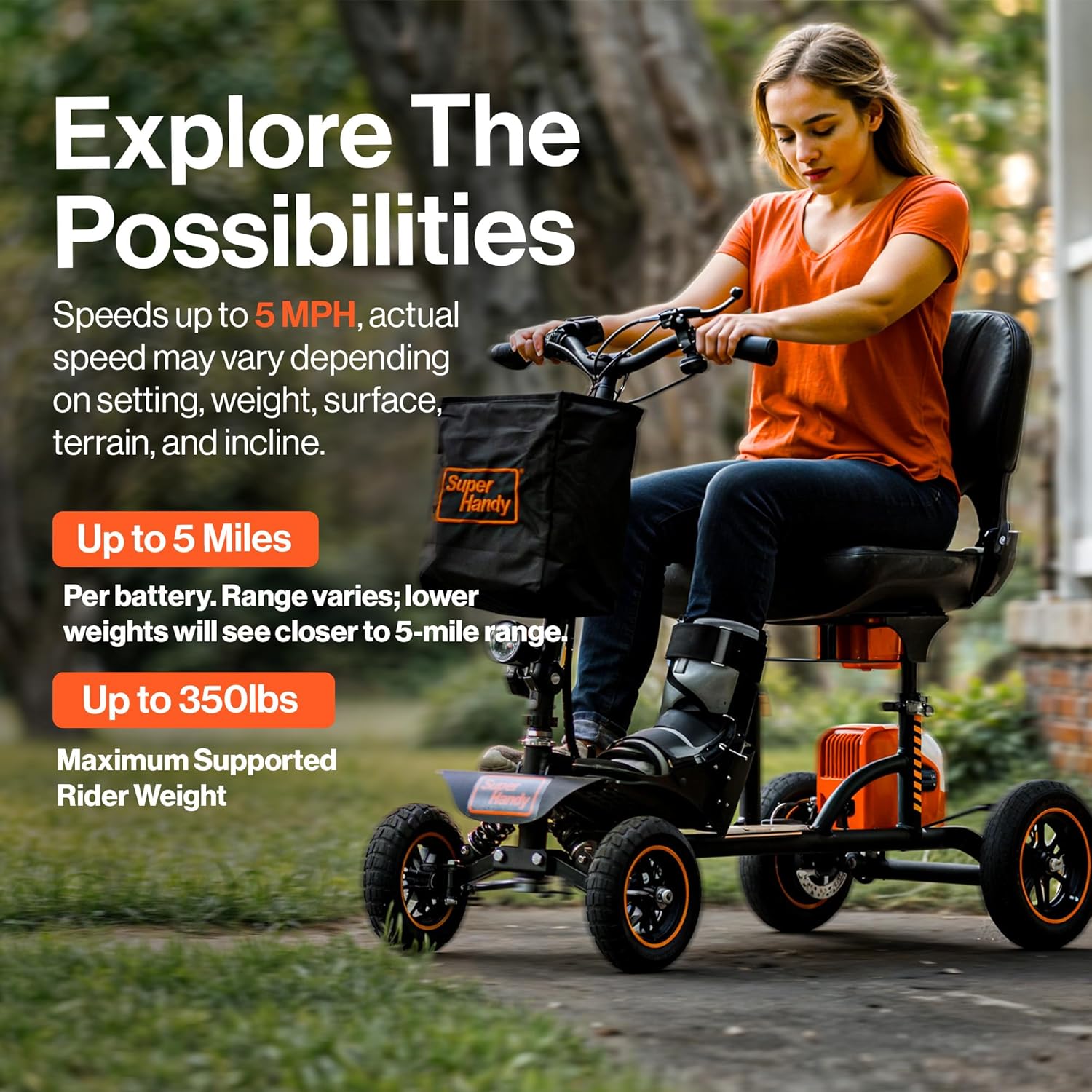 All-terrain electric mobility scooter overview video, merchant video: 1+ Foldable structure + 2+ Battery + 3+ Handlebar controls + 1+ Headlight + 2+ Front suspension + 3+ Comfort optimization