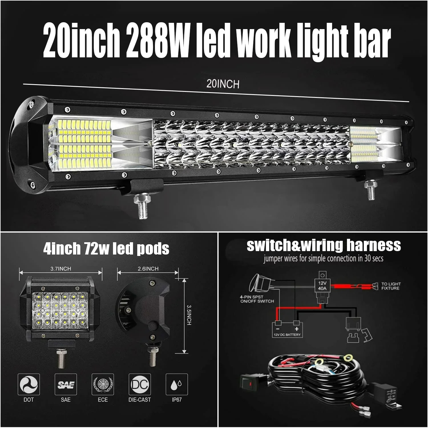 20in Triple Row led Light bar, 288W Waterproof Spot Flood Combo Automotive Work Light Bars+4pcs 72w led pods with Wiring Harness,for Off Road,Truck,Car,ATV,SUV,4X4,Boat,Tractor,Trailers C51