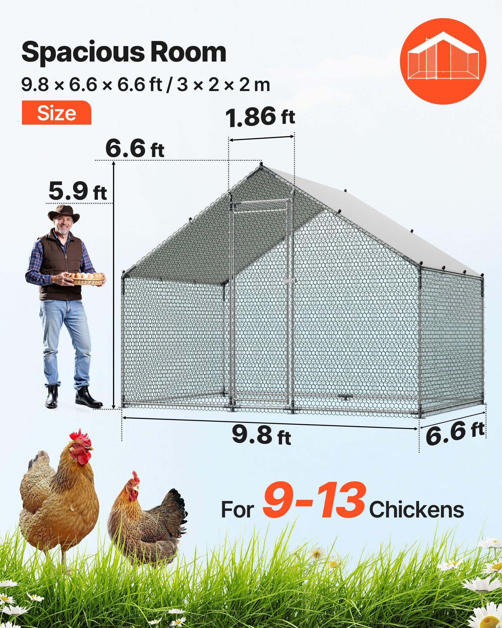 VEVOR Large Metal Chicken Coop with Run - Waterproof, 6.5x9.8 ft