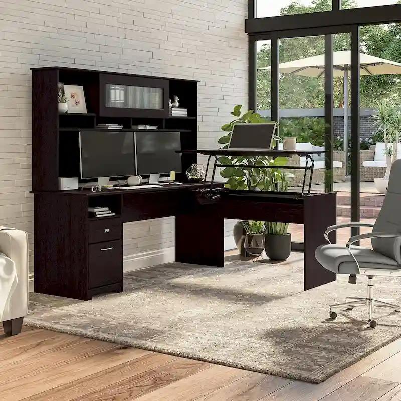 Bush Furniture 72W L-Shaped Sit-Stand Desk with Hutch - 3 Adjustable Positions