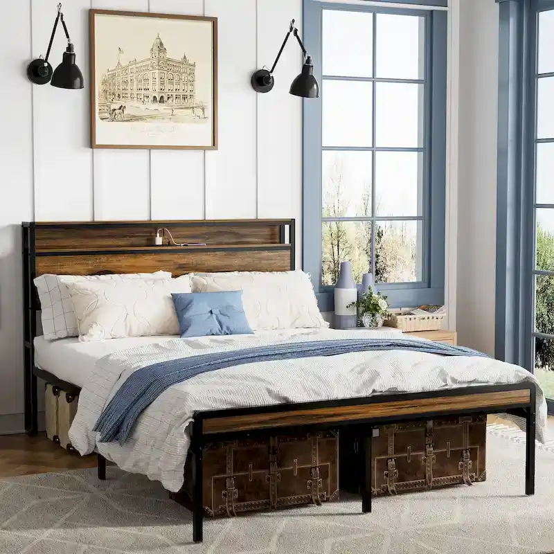 Vintage Brown Queen Platform Bed with Storage Headboard, LED Lighting & Charging Ports
