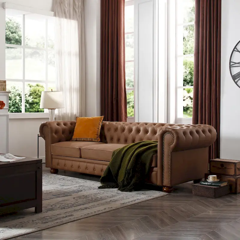 Brown Faux Leather Classic Chesterfield Sofa