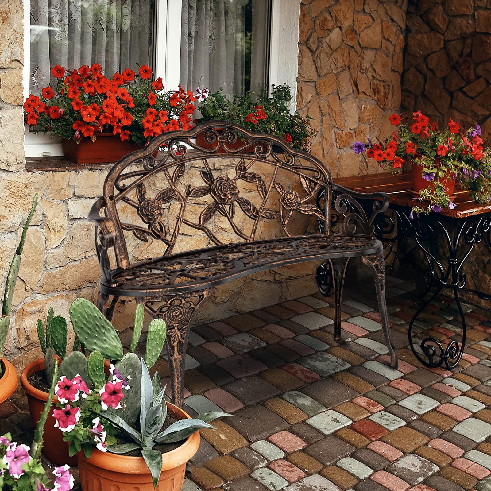 VINGLI 38.5 Outdoor Metal Rose Bench for 2 - Antique Style