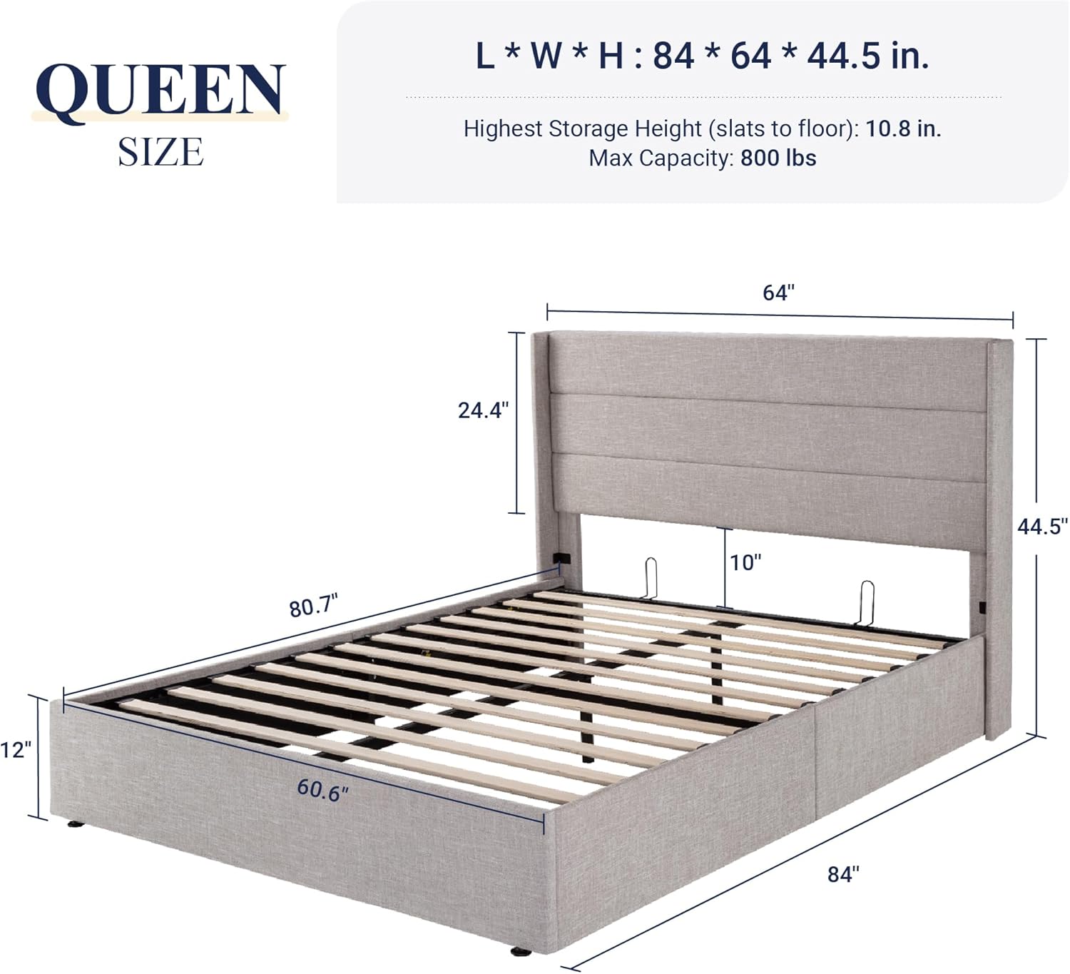 ALLEWIE Queen Size Lift Up Storage Bed with Wingback Headboard