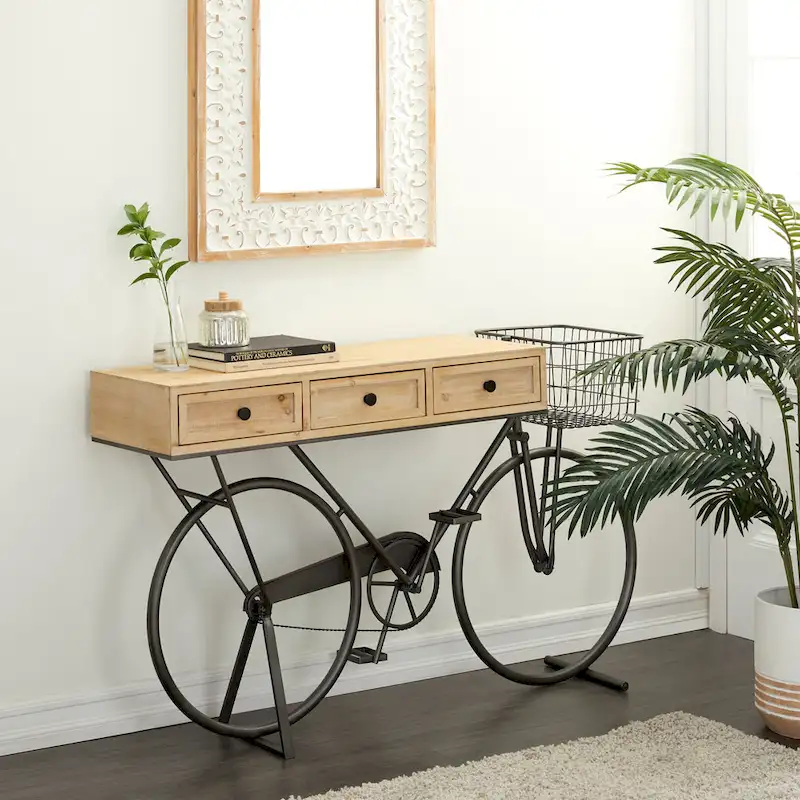 Roche River Decor Metal Console Table with 3 Drawers and Brown Wood Top - Black Finish - Dimensions: 15