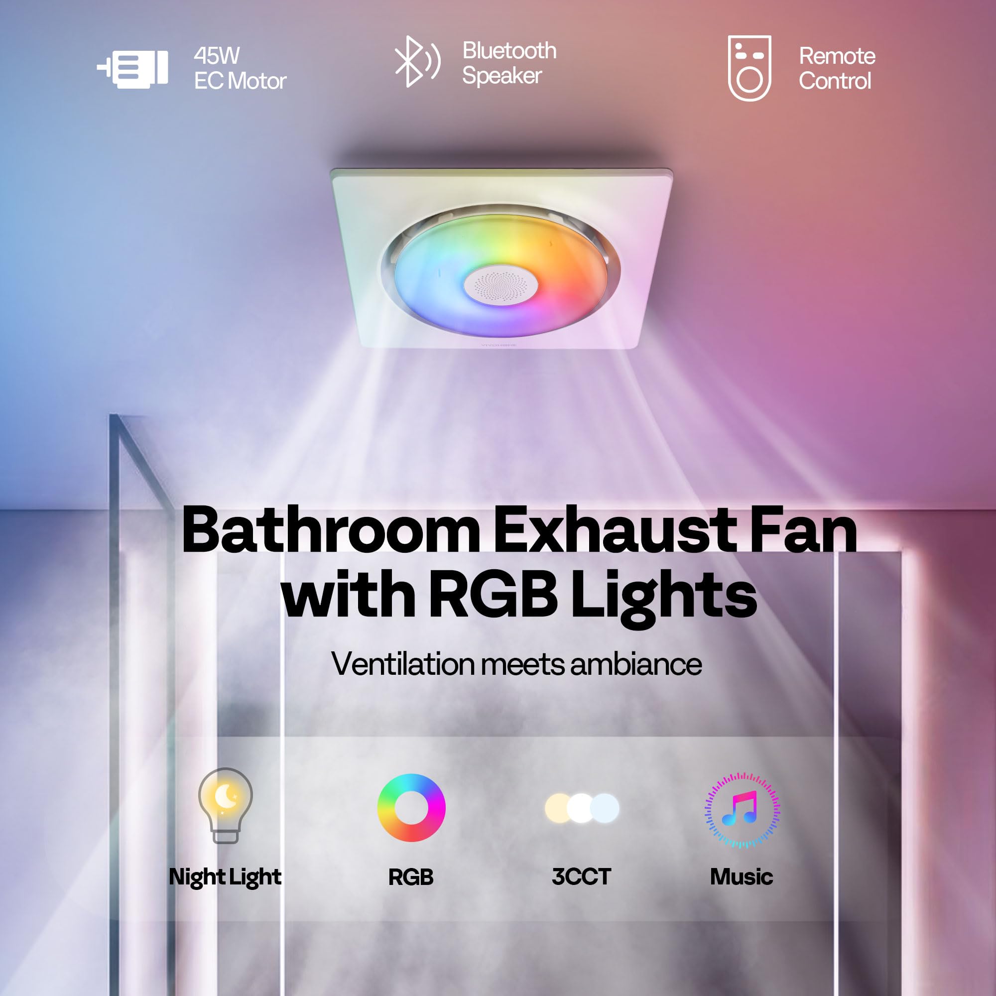VIVOHOME Bathroom Exhaust Fan with RGB Light & Bluetooth Speaker