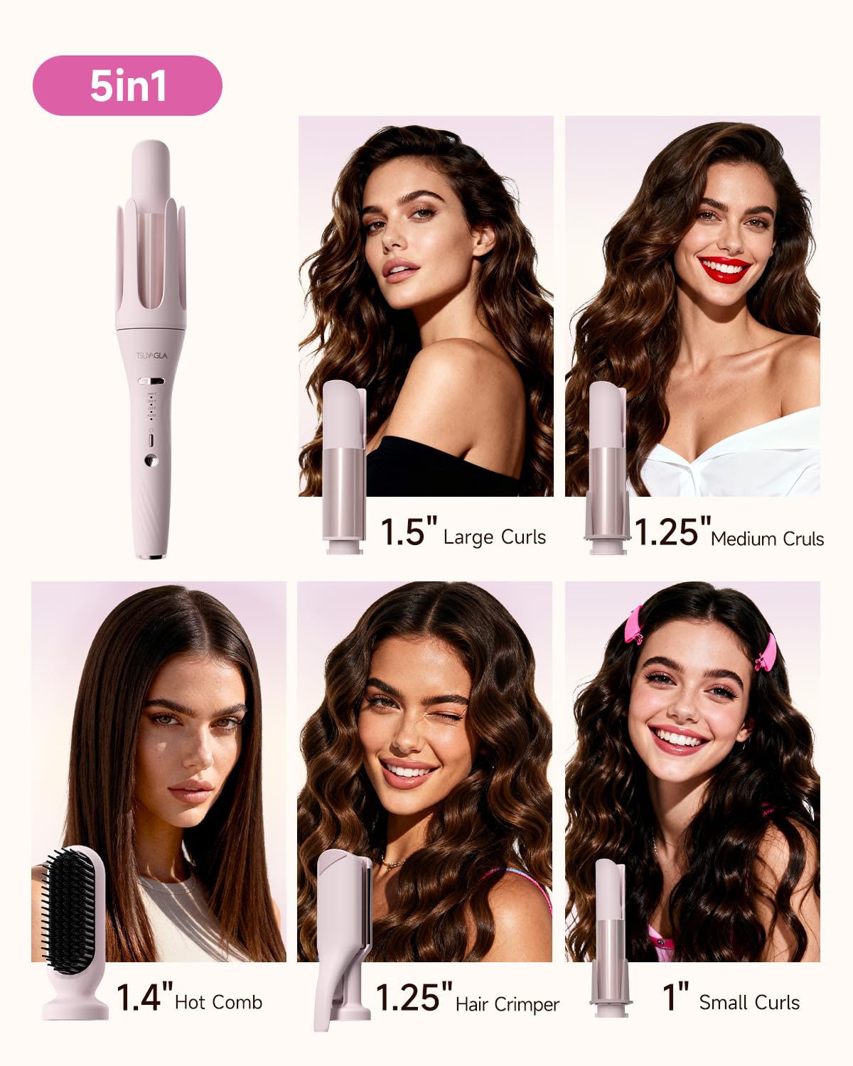 TSUYAGLA 5 in 1 Auto Curling Iron Set with Interchangeable Barrels