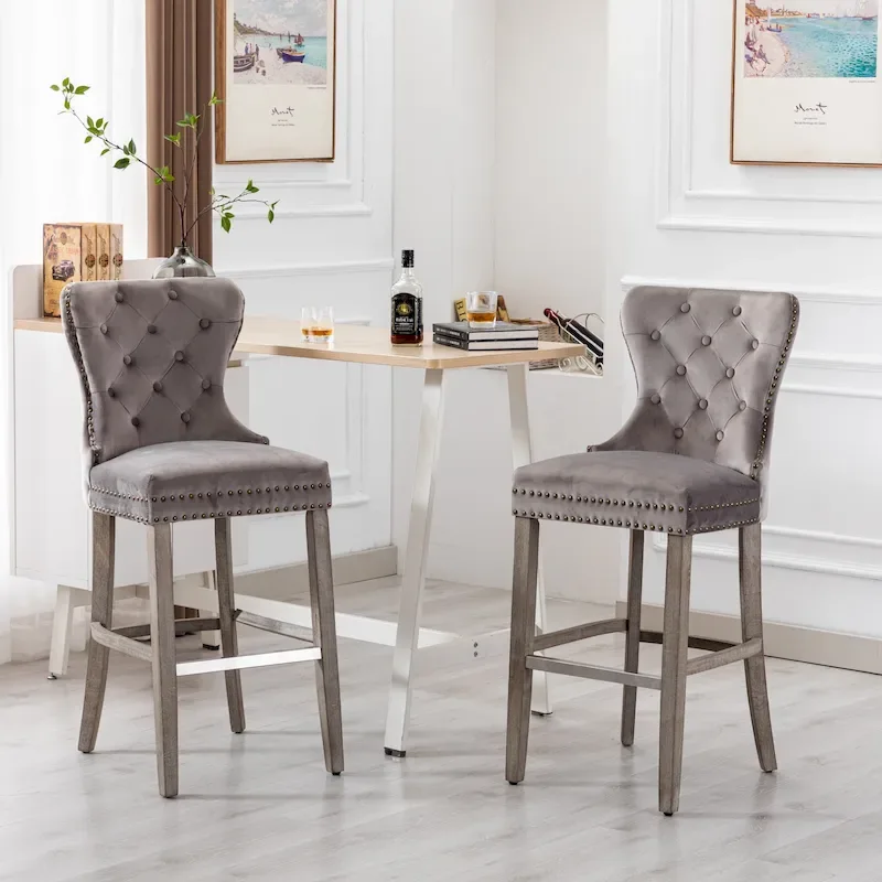 Carter Set of 2 Tufted Wingback Bar Stools with Nailhead Trim and Antique Grey Legs