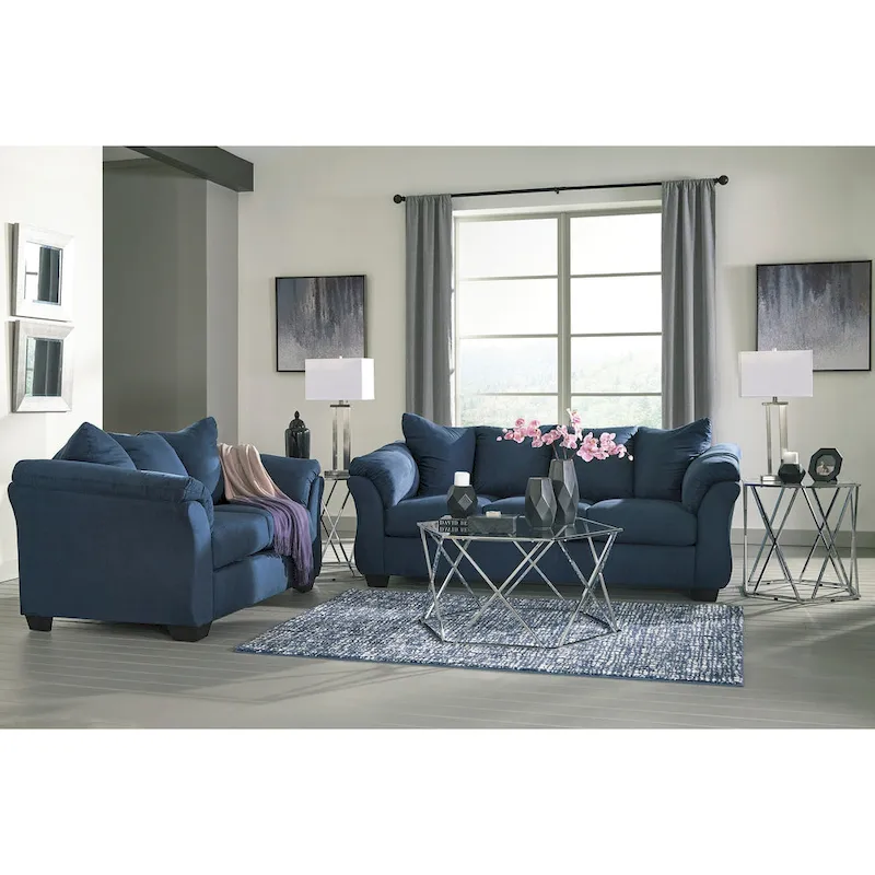 Aruca Navy Blue Microfiber Sofa and Loveseat Set with Pillow Back