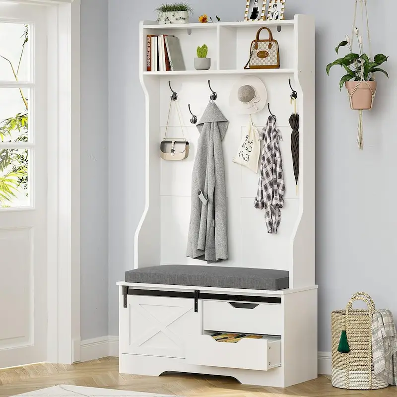 Barn Door Hall Tree with Bench and Shoe Storage Coat Rack
