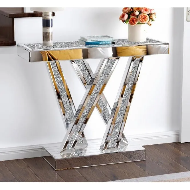 Contemporary Silver Console Table with Crushed Diamond Inlay for Entryway