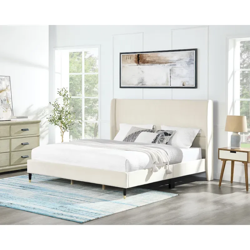 Roundhill Furniture Rozitta Upholstered Wingback Bed with Platform Design
