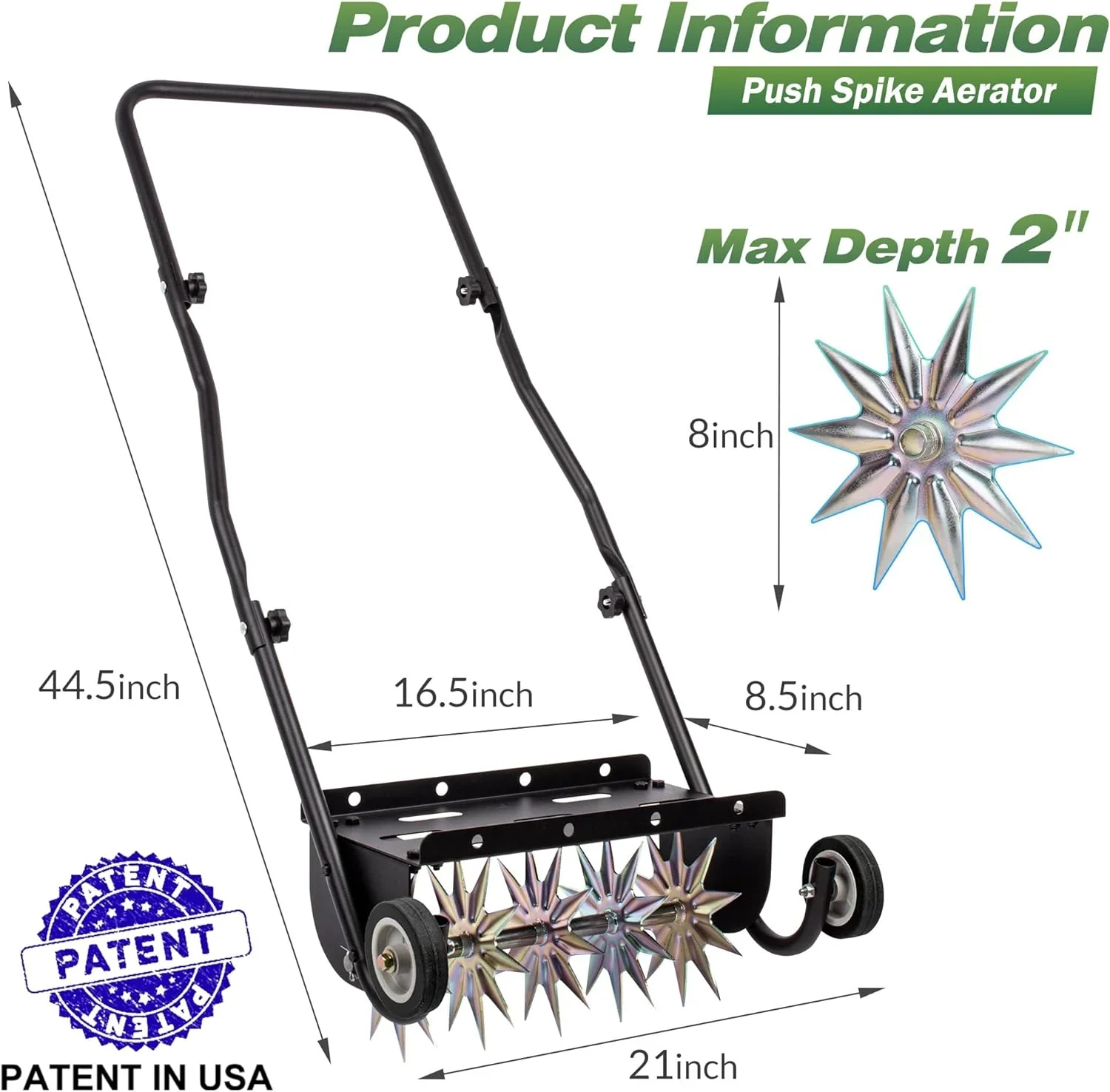 18-Inch Push Spike Aerator, Heavy Duty Rolling Lawn Aerator, Rotary Spike Lawn Aerator, Manual Lawn Aeration Equipment with Steel Handle, Suitable for Lawn, Garden, and Yard Grass Aeration
