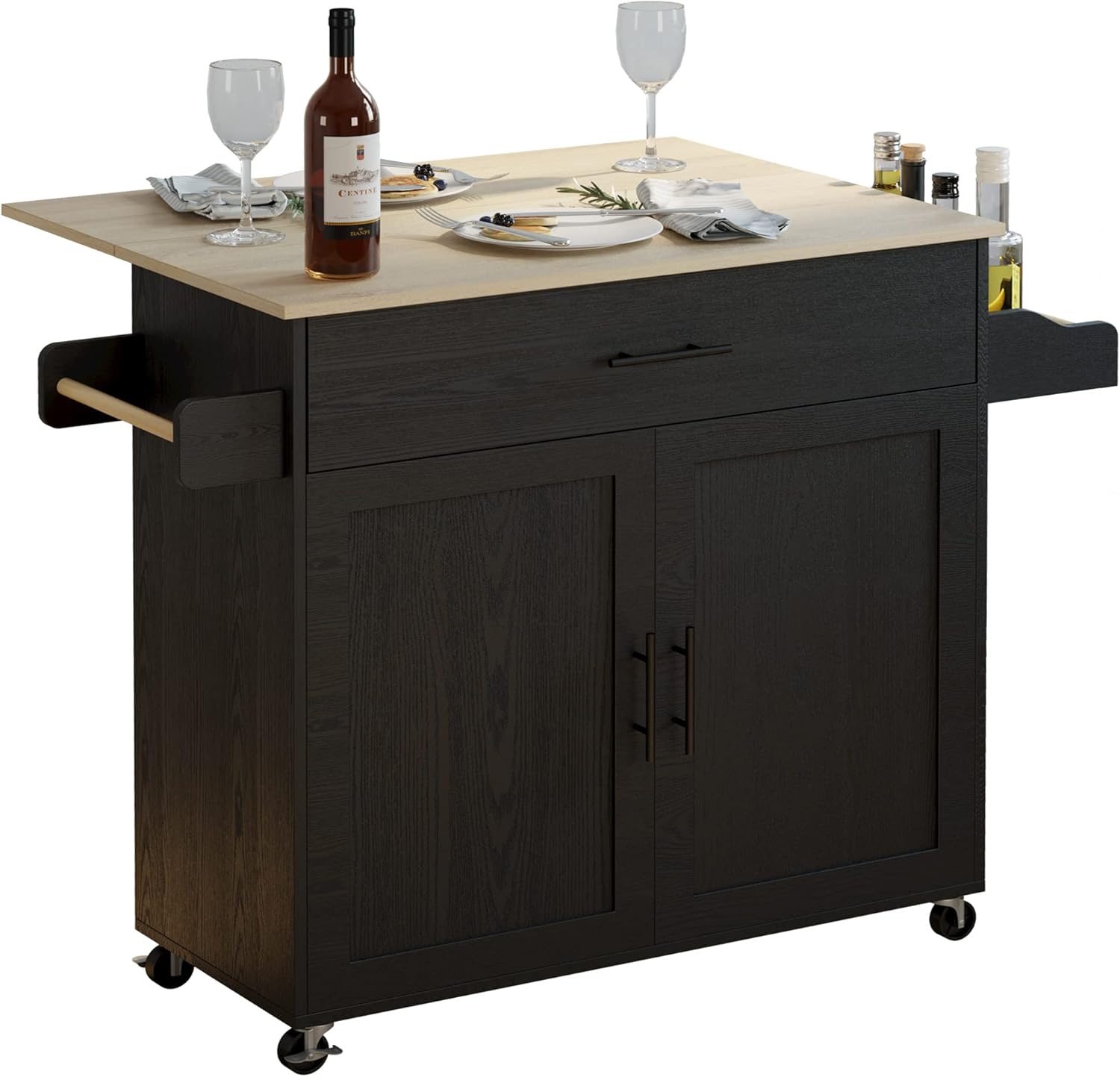 IRONCK Rolling Kitchen Island Table on Wheels with Drop Leaf, Storage Cabinet, Drawer, Spice/Towel Rack, Kitchen Cart, 47.25