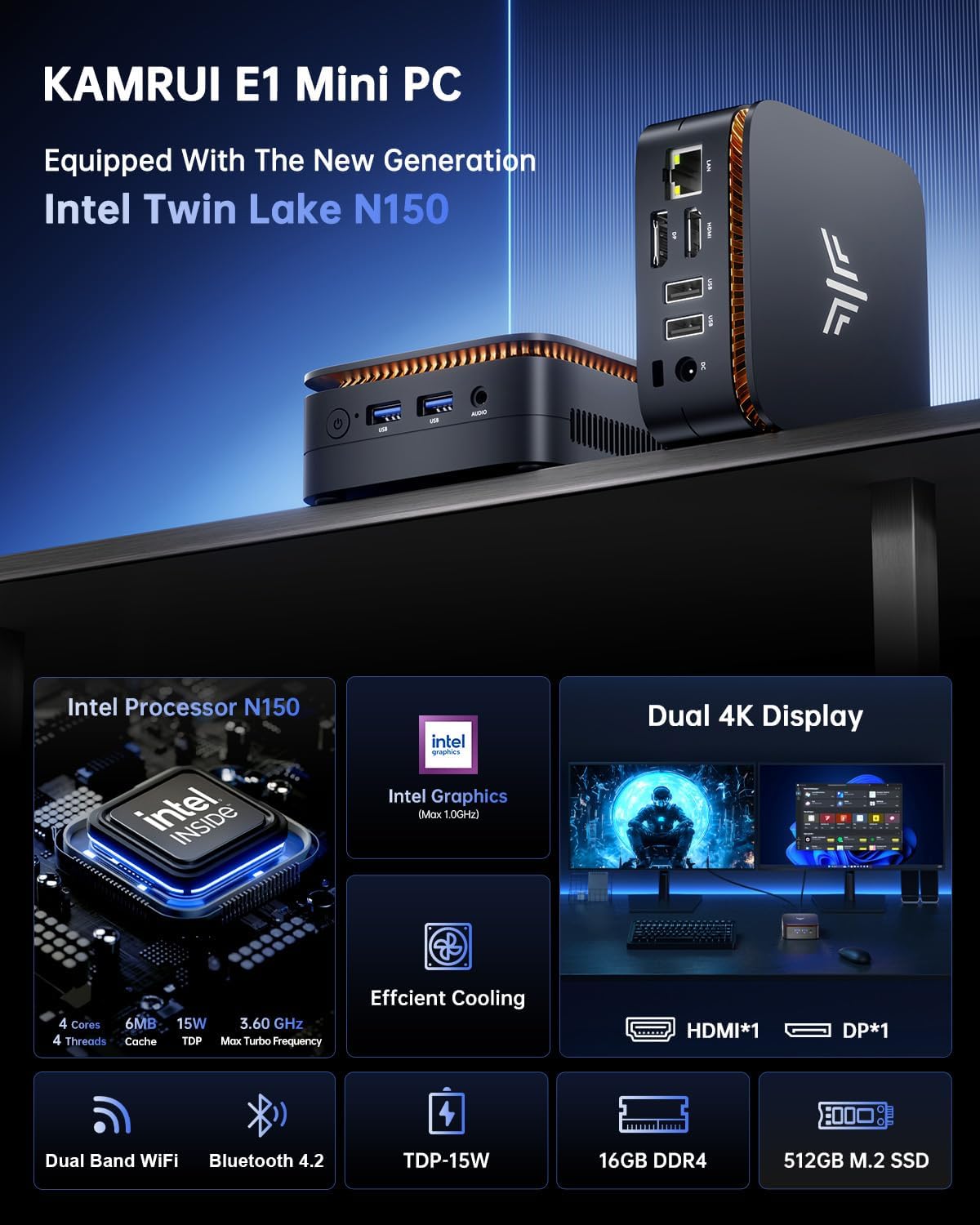 KAMRUI Mini PC Computer, Intel Processor N97 (up to 3.6 GHz), 16GB DDR4 RAM 256GB M.2 SSD, Mini Desktop Computer Support Dual 4K, WiFi, Bluetooth, Ethernet, HTPC for Business, Education, Home
