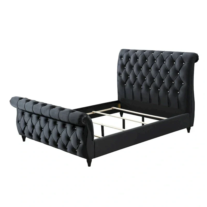 Ellowen Queen Bed with Diamond Tufted Black Upholstery and Panel Headboard