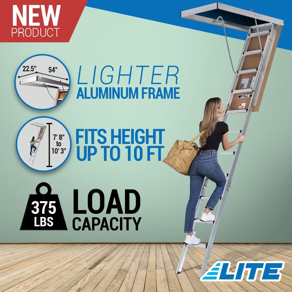 10 Foot Aluminum Attic Ladder AP2240MS Type IAA 375 lb Load Capacity for 54 x 22.5 Inch Rough Opening Foldable Extendable
