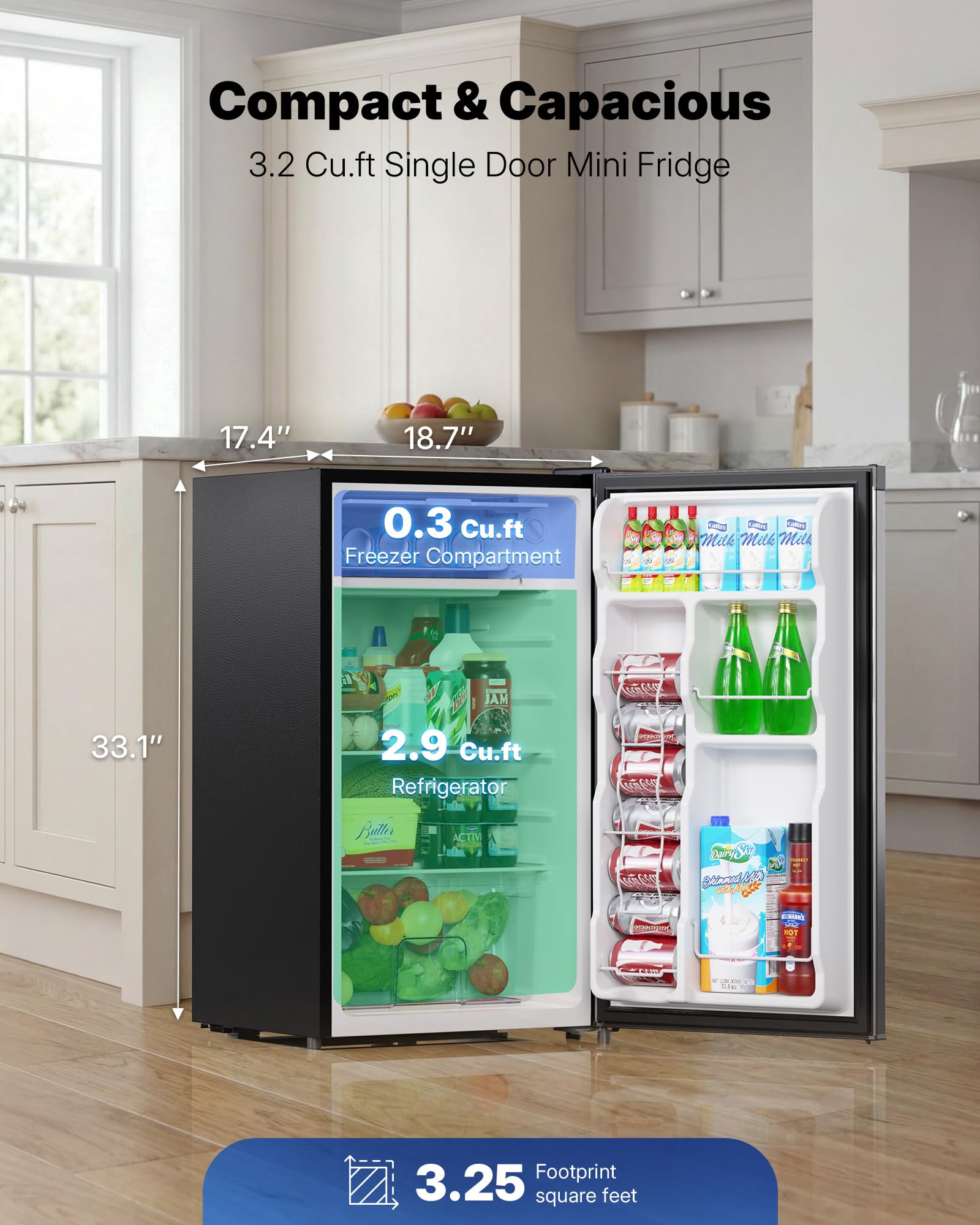 UPSTREMAN 3.2 Cu. Ft Mini Fridge with Freezer - Compact Refrigerator