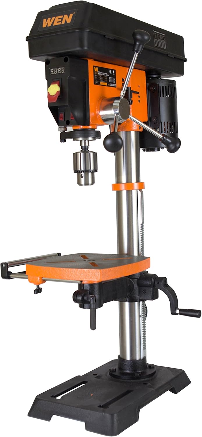 12 inch benchtop drill press DP1263V 6.2A variable speed motor 580 to 3100 RPM cast iron base laser LED work light 120V corded