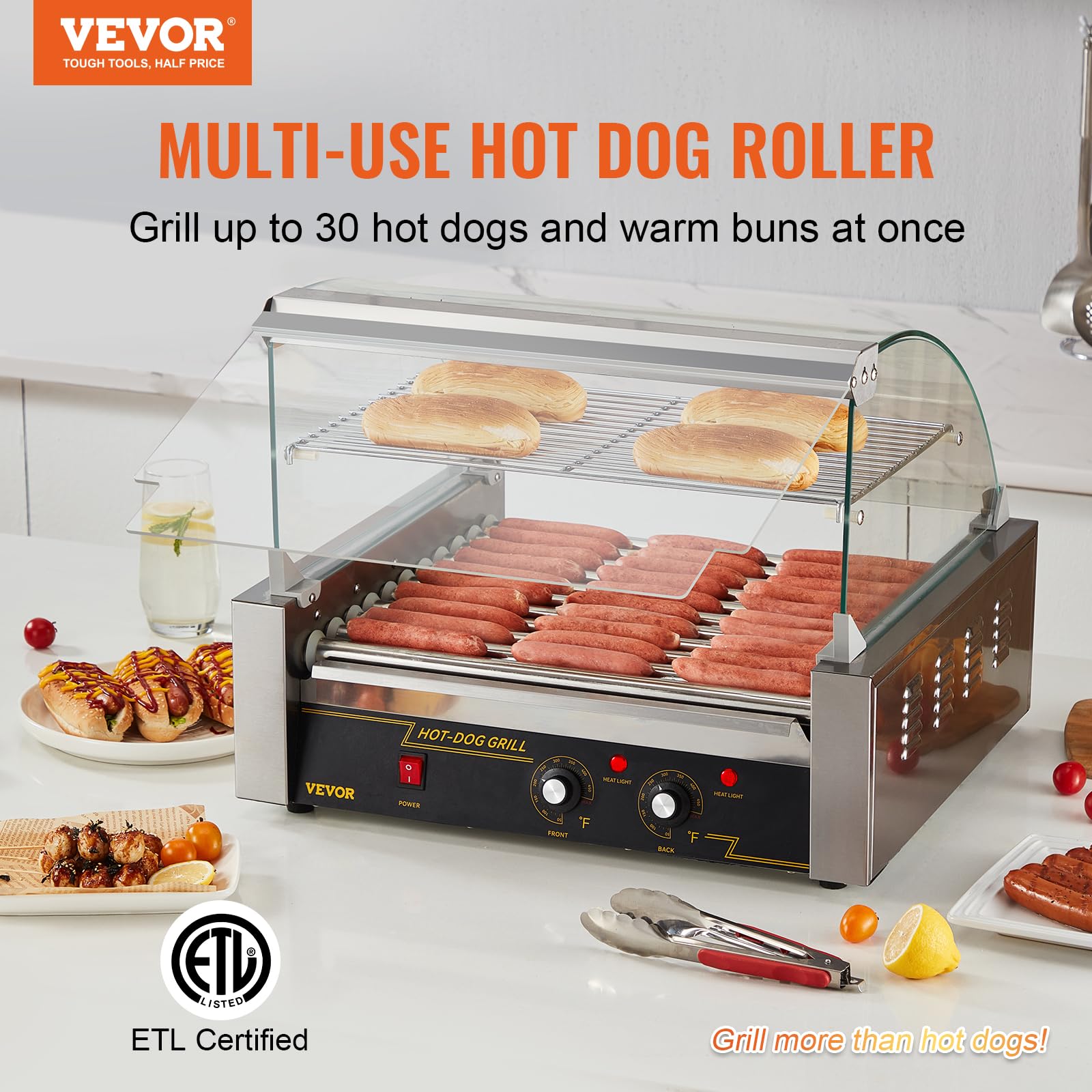 VEVOR Hot Dog Roller Machine - 30 Capacity, 1800W Stainless Steel