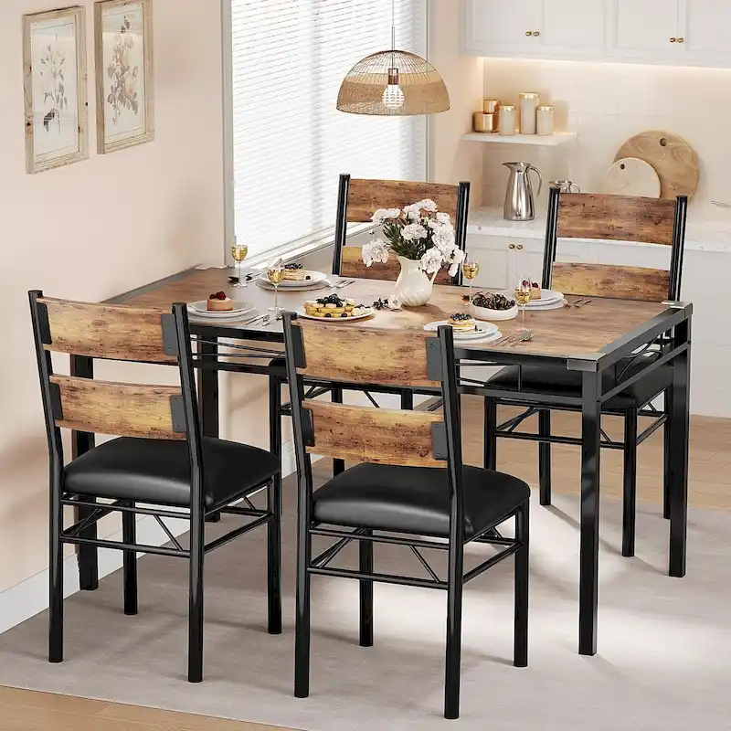 Wooden Dining Table Set with Upholstered Chairs for Kitchen