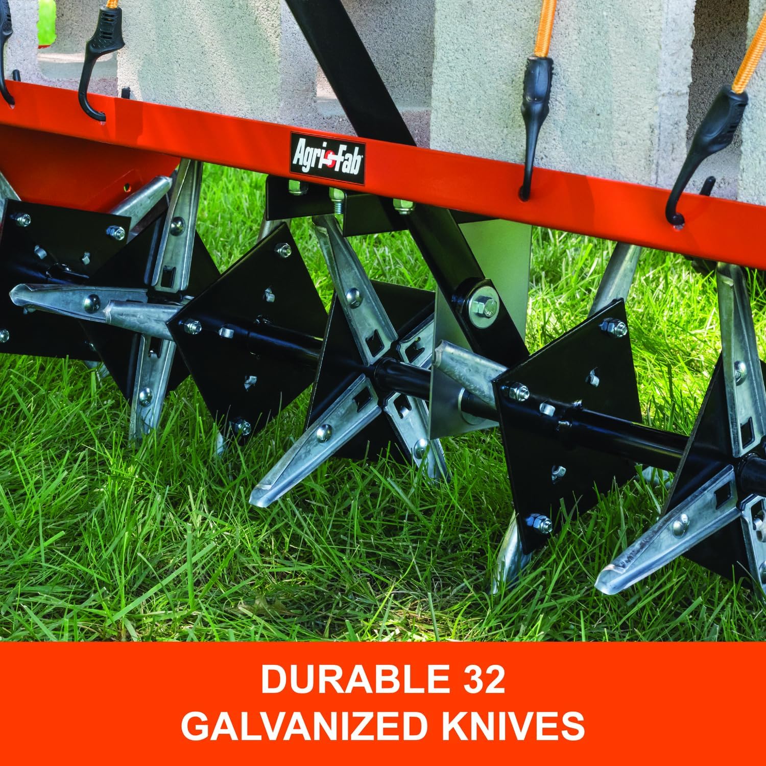 Tow behind lawn plug aerator 48 inch model soil aeration 32 galvanized knives universal hitch 175 lb weight tray