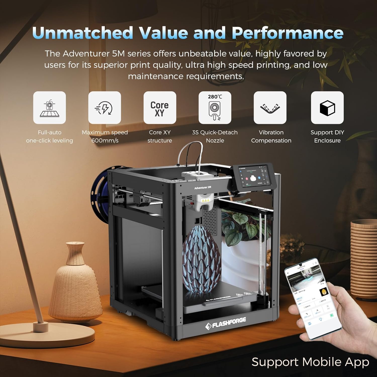 3D printer CoreXY auto leveling high speed 600mm s Adventurer 5M 220x220x220mm direct drive extruder 280C