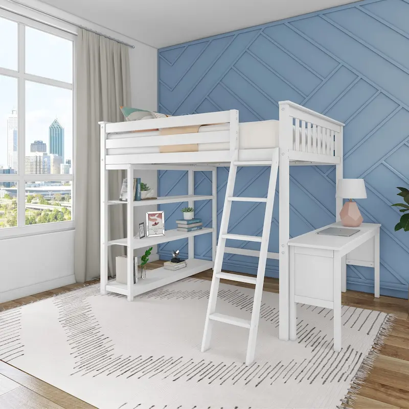 Spacious High Loft Bed with Integrated Bookcase and Desk