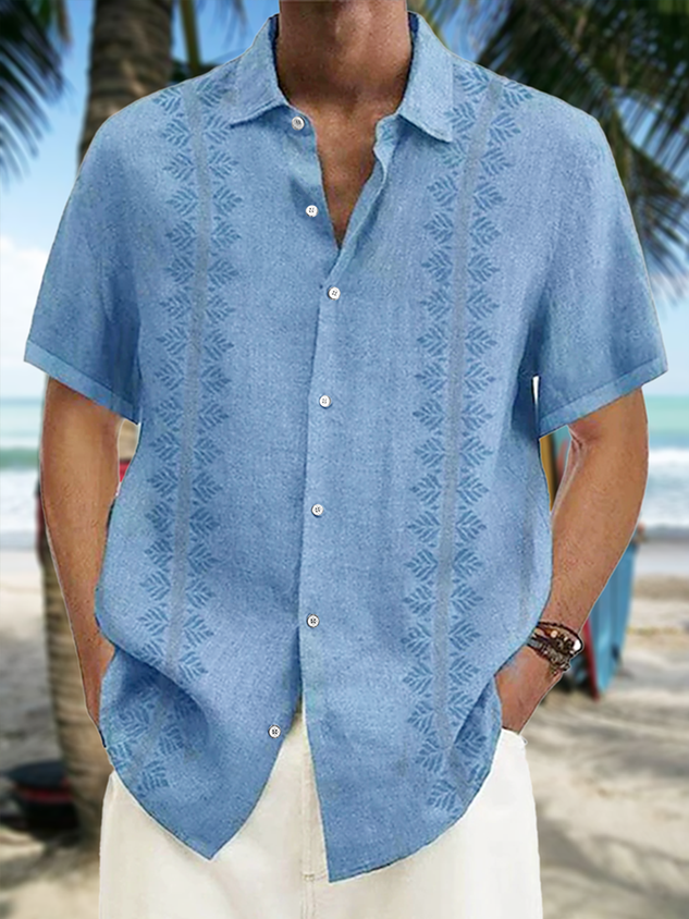 Stripe Plant Flower Short Sleeve Casual Shirt