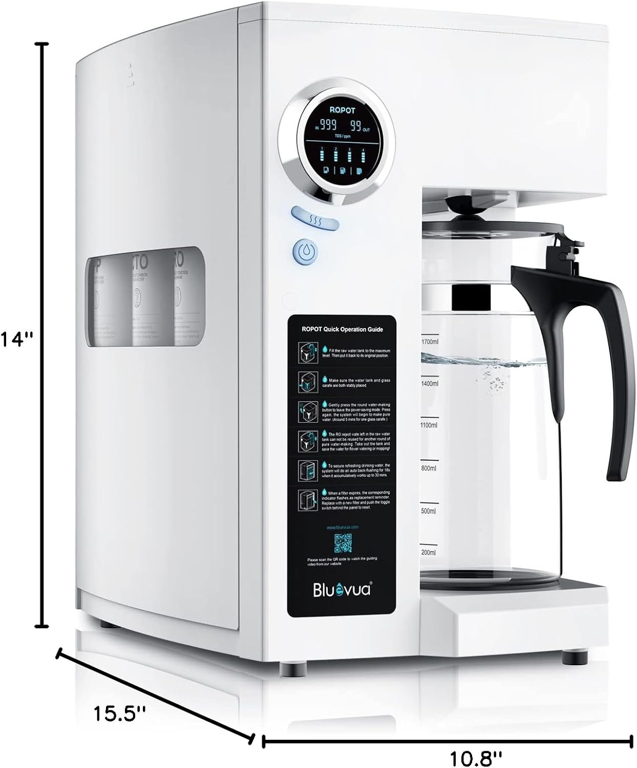 Bluevua RO100ROPOT Reverse Osmosis System Countertop Water Filter, 4 Stage Purification, Counter RO Filtration, 2:1 Pure to Drain, Purified Tap Water, Portable Water Purifier for Home