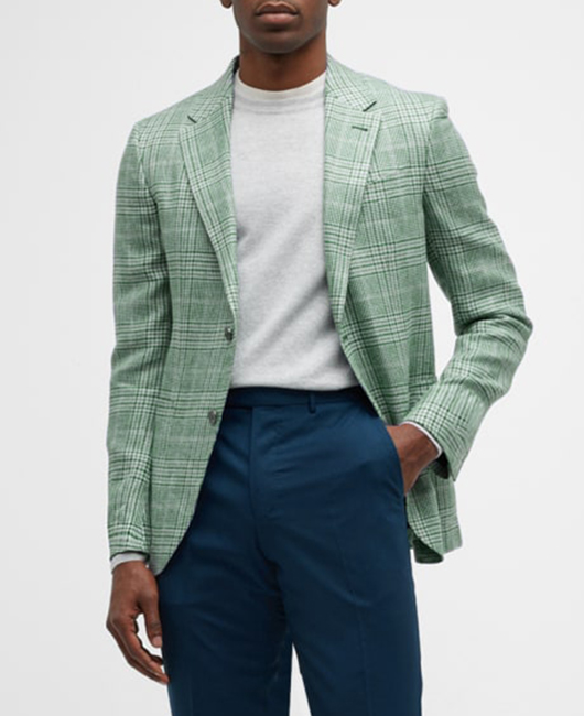 OK Casual Plaid Print Notch Lapel Pocket Two Button Blazer