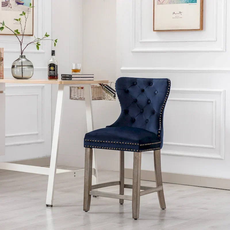 Carter 24-Inch Wingback Tufted Counter Stool with Antique Grey Legs and Nailhead Trim