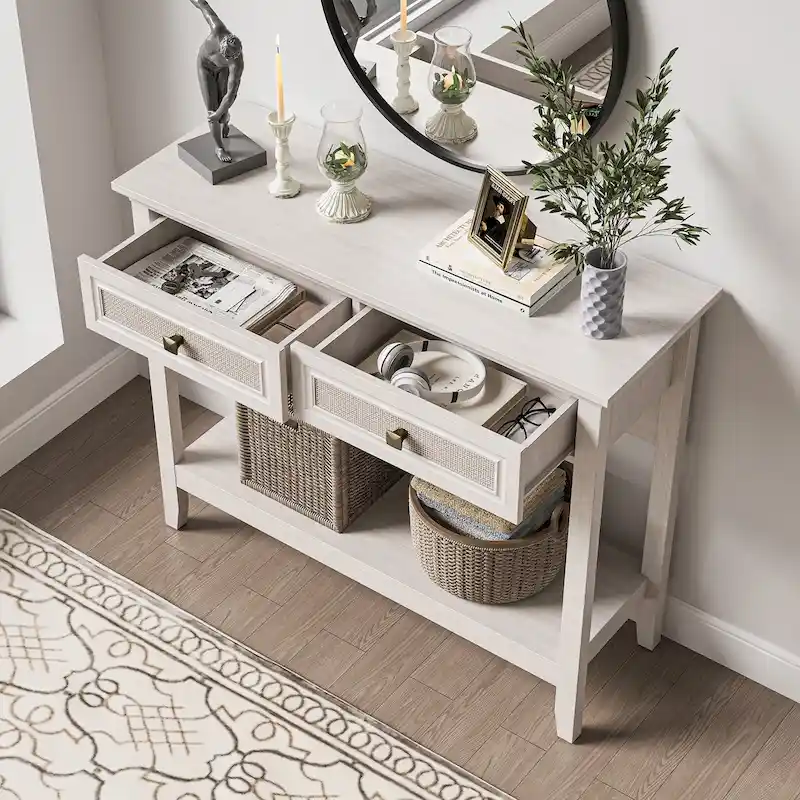 Bohemian Natural Rattan Console Table with Expanded Top and Dual Drawers