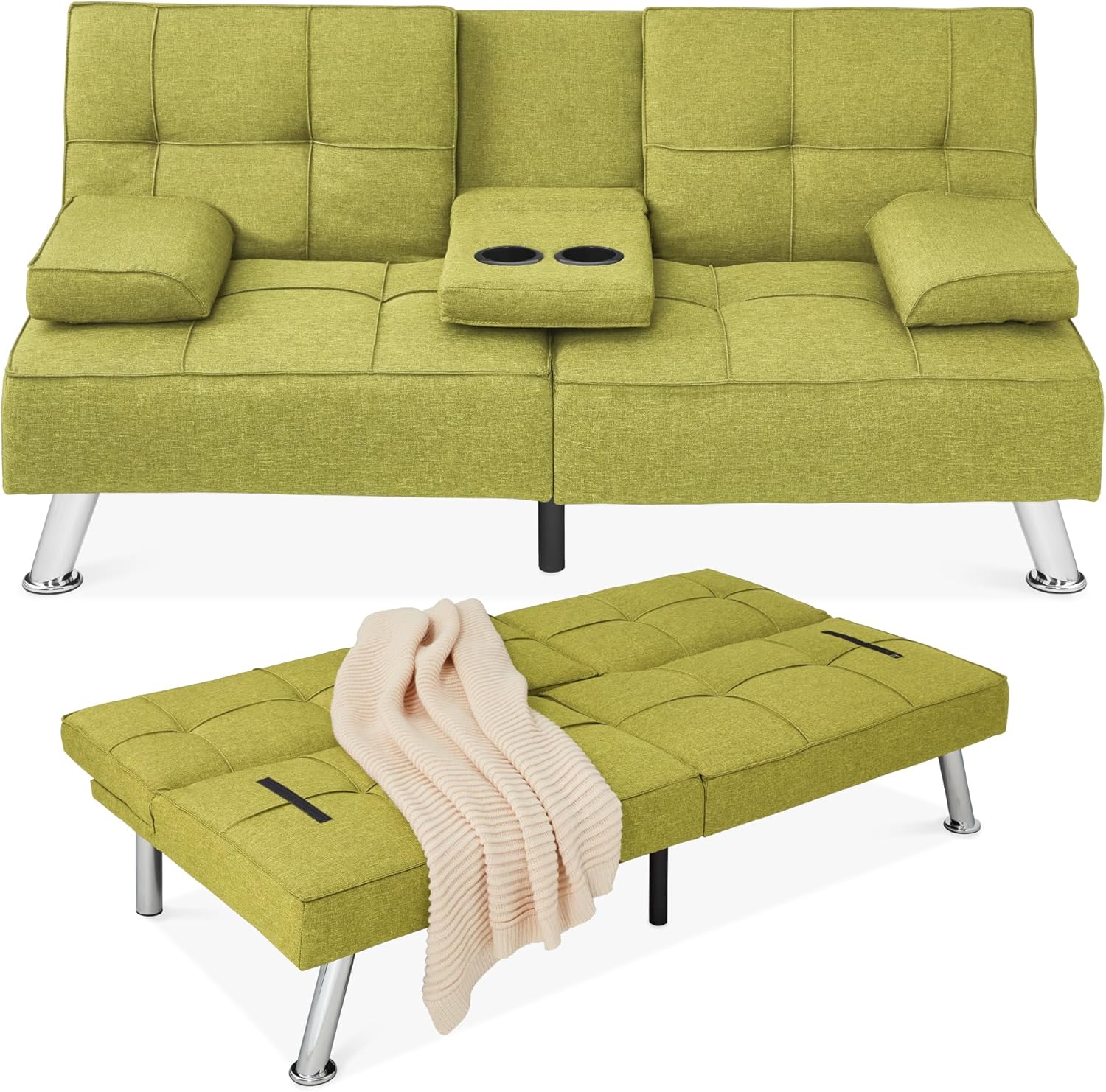 Best Choice Products Linen Modern Folding Futon, Reclining Sofa Bed for Apartment, Dorm w/Removable Armrests, 2 Cupholders
