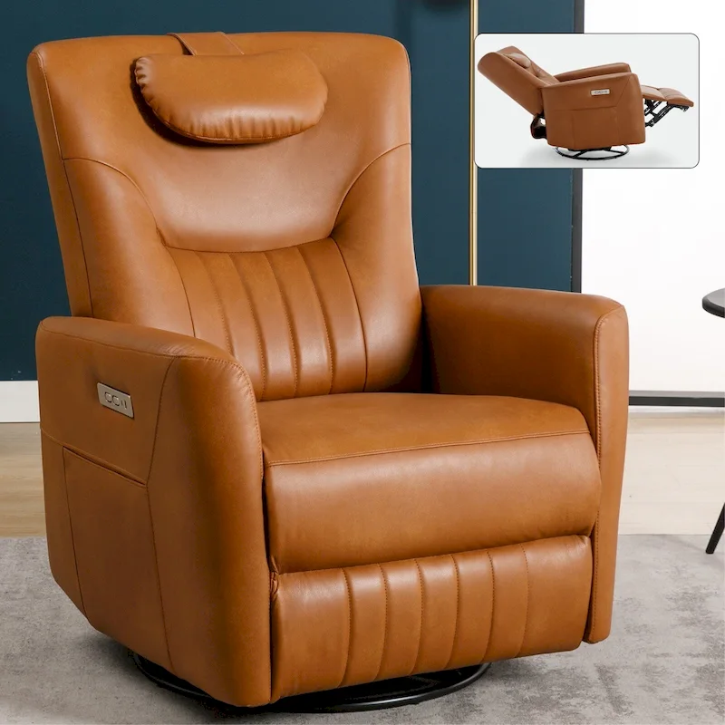 Beige Power Recliner Chair with 270° Swivel, Rocking Function, Lumbar & Neck Support Pillow, USB and Type-C Charging Ports