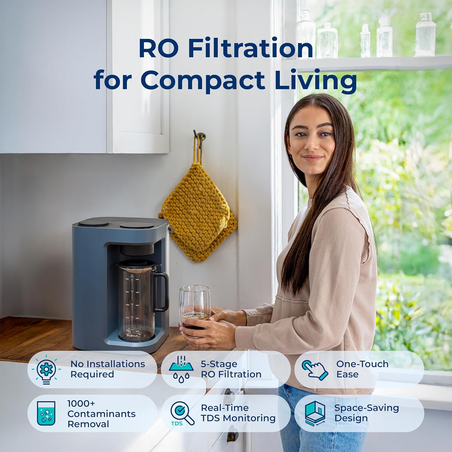 Bluevua RO100ROPOT-LITE Countertop Reverse Osmosis Water Filter System, 5 Stage Purification, 3:1 Pure to Drain, Portable Water Purifier (No Installation Required)