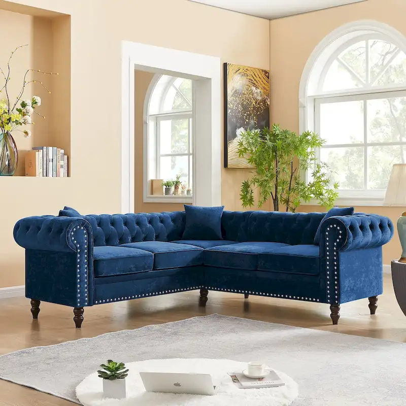 Classic Chesterfield L-Shaped Sectional Sofa with Deep Buttoned Rolled Arms