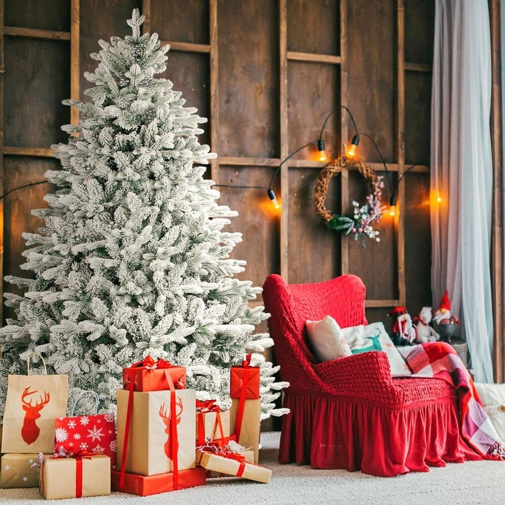 Suncrown 6ft/7ft Artificial Snow Flocked Christmas Tree with Metal Stable Stand Base for Indoor and Outdoor Holiday Decoration