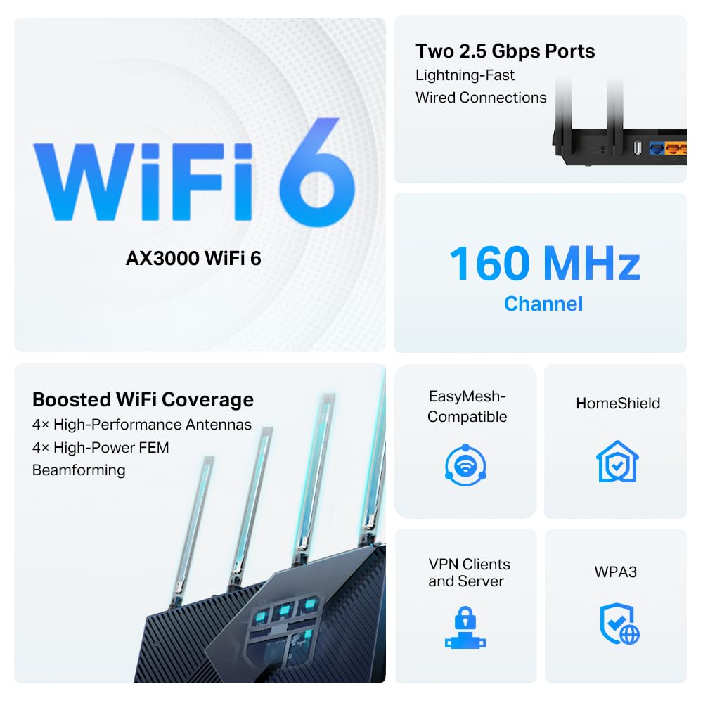 TP-LINK AX3000 WiFi 6 Router - Dual Band, VPN, USB 3.0